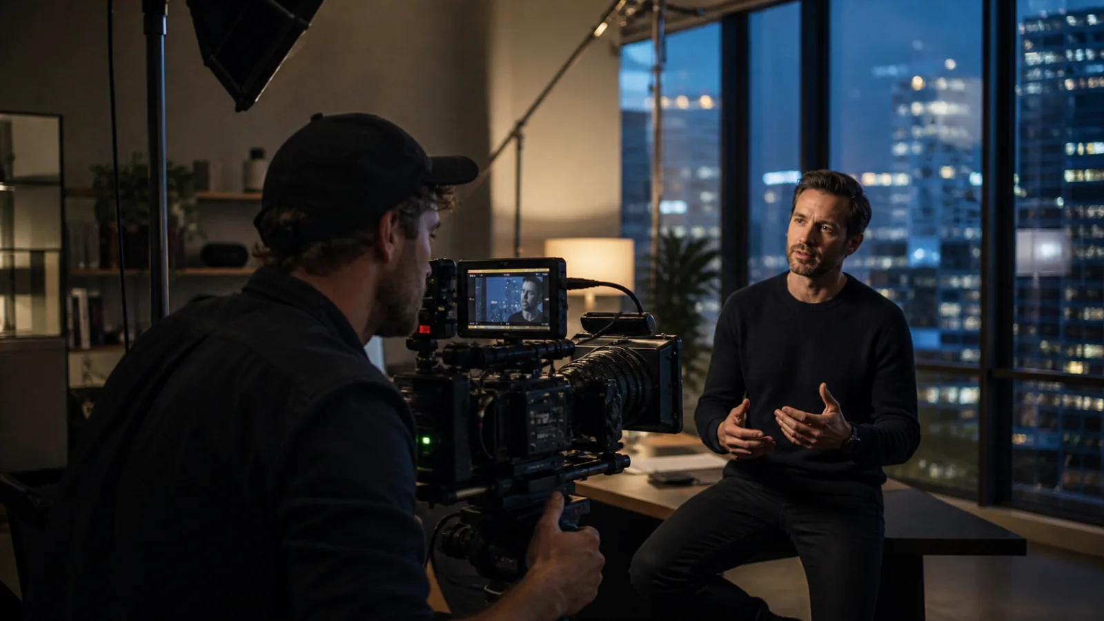 A professional video crew filming an interview in a modern office